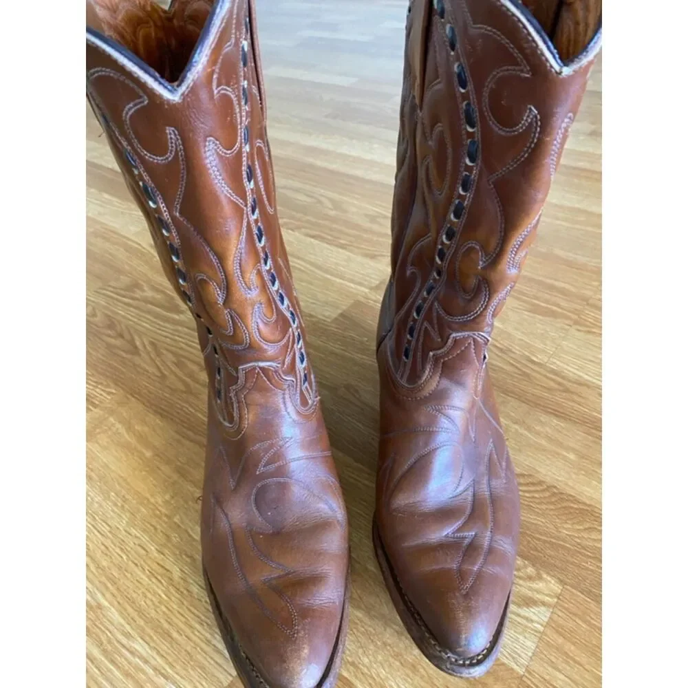 Vintage Durango West Brown Leather Cowboy Boots Mens 8 D 1970s Whipstitch Wester